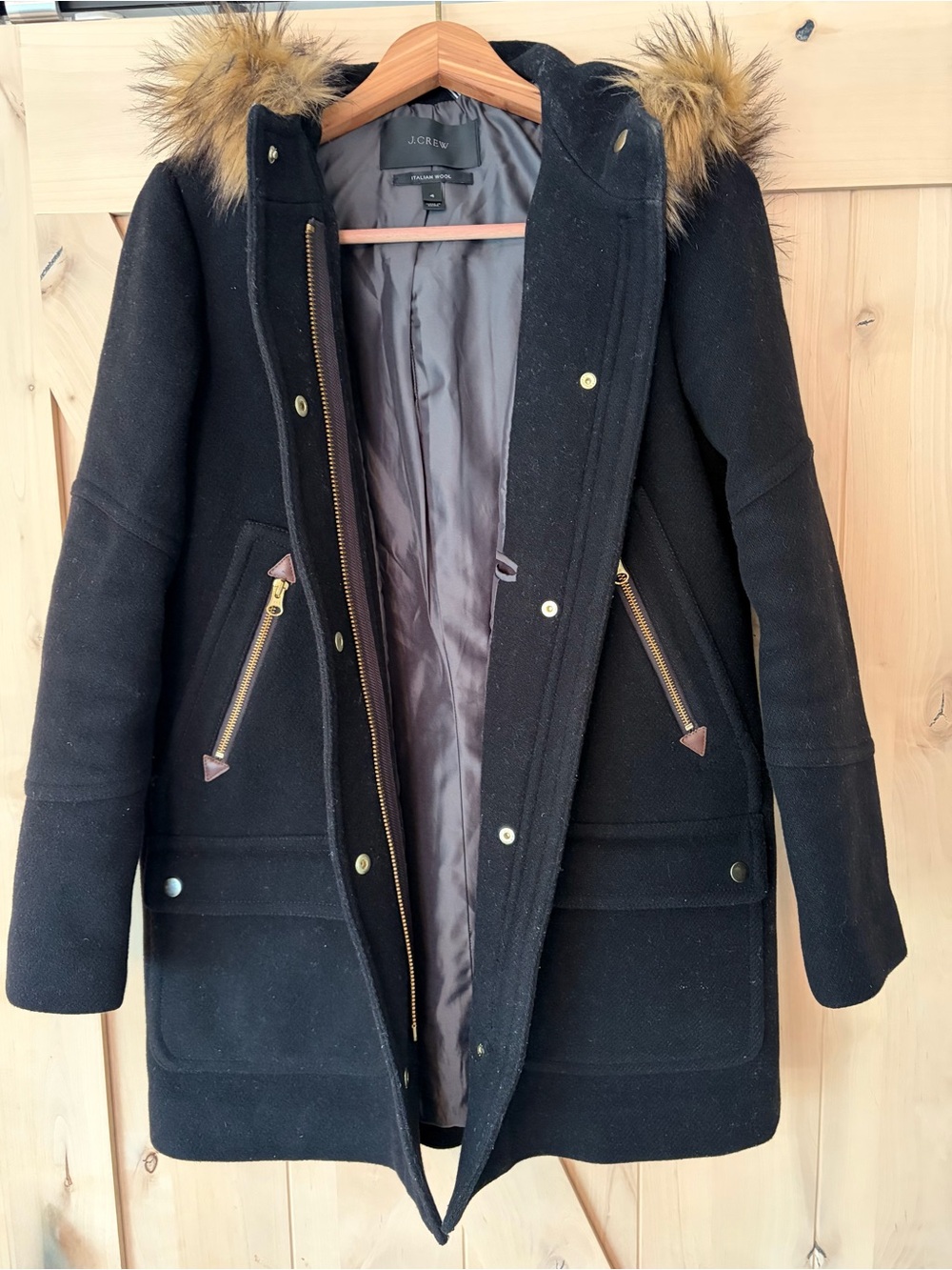 J. Crew Black Italian Wool Hooded Peacoat with Faux-Fur Trim.Winter, Preppy